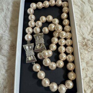 Parklane Jewelry Set of Pearl Necklace, Bracelet and Dangling Earrings with Bow